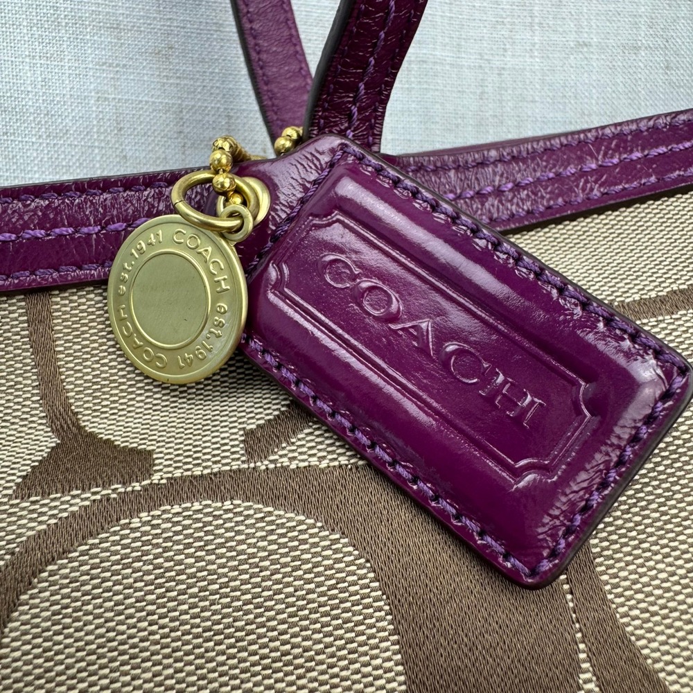 Coach Signature Stripe Tote Women Medium Khaki Purple Patent Leather 12429 Y2K - Picture 14 of 14